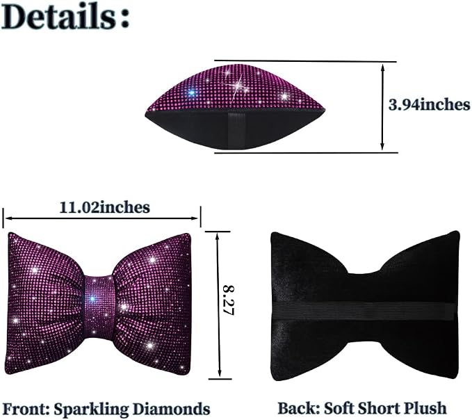 Crystal Seat Head-Rest Pillow Bow Tie Car Neck Headrest Cushion Bling Bling Rhinestones Diamond for Car Girls and Women Neck Support Interior Bling Accessories Purple 2Pcs