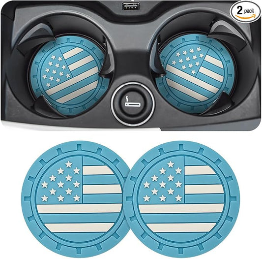 AUCELI 2 Pack Car Cup Holder Coasters, Colored American Flag US Flag Insert Car Cup Coaster, 2.75 Inch Anti Slip Shockproof Embedded Drink Mat, Vehicle Interior Decor Accessories