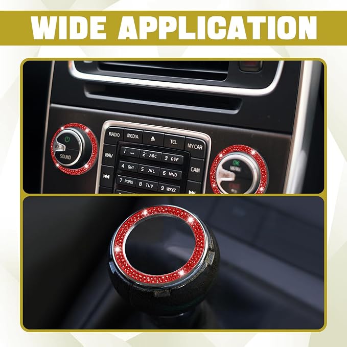 Bling Car Crystal Rhinestone Ring Emblem Sticker, Push to Start Button Cover/Sticker, Key Ignition Starter & Knob Ring, Interior Decoration Accessories for Women