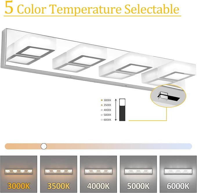 Ralbay Modern Led Chrome Bathroom Vanity Lights 5 Color Temperature Dimmable Acrylic Modern LED Chrome Bathroom Lighting Fixtures Over Mirror