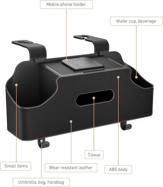 Car Organizer, Car Back Seat Organizer with 2 Drink Cup Holder, Leather Car Storage Box with Tissue Pouch, Multi-functional Behind Seat Storage Case, Universal for Most Vehicles (Black)