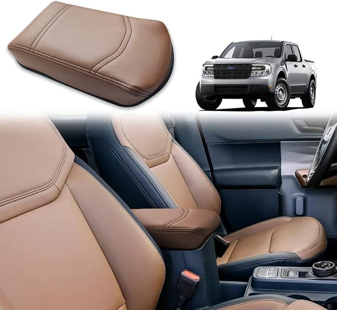 Muslogy Center Console Armrest Cover Fit for Ford Maverick 2022-2026 Accessories, Comfort Armrest Pad Console Lid Cushion Vegan Leather Regular Thick (Dark Brown)