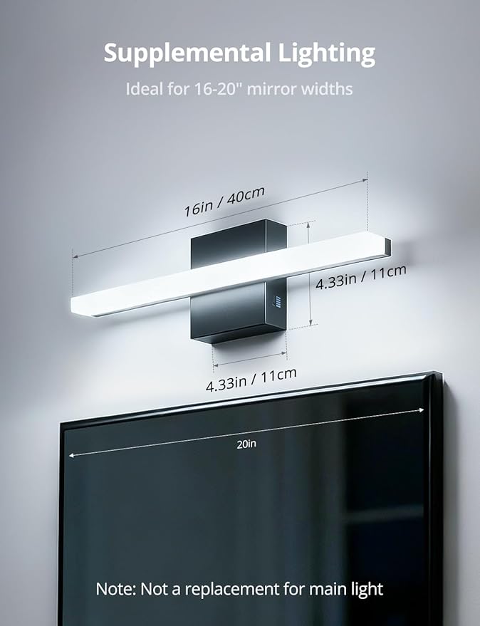 Combuh 2 Pack Modern Bathroom Light Fixtures Above Mirror Small Vanity Lighting Bar 16Inch, 5 Color Adjustable Black Simple Slim Led Wall Sconce IP44 Rustproof Bright 10W 880LM for Bath Restroom