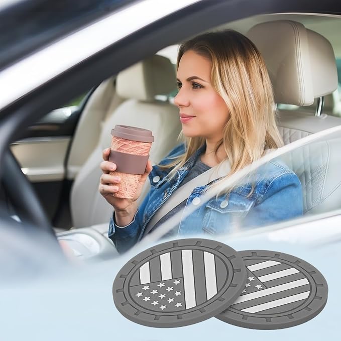 Osilly Car Cup Holder Coasters, 4 Pack American Flag Insert Car Cup Coaster, 2.75 Inch PVC Anti Slip Shockproof Embedded Drink Mat, Car Interior Decoration Accessories for SUV, Truck (Gray)