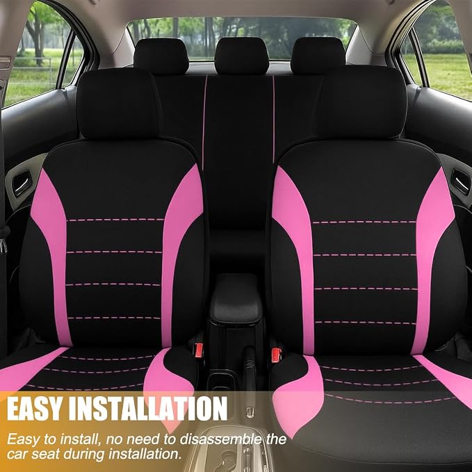 Car Seat Cover Full Set, Fashion Soft Sponge Vehicle Front and Rear Split Bench with Removable Headrest Cover, Breathable Auto Seat Protector, Universal for Truck SUV Sedan (Pink/Black)