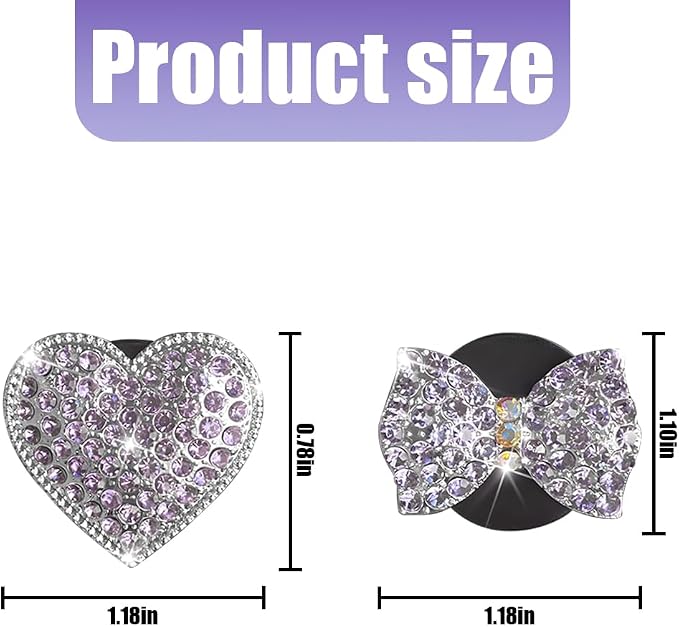 Bling Car Air Vent Clip, 2PCS Crystal Rhinestone Diamond Automotive Heart Shape Clip Charm, Cute Sparkling Vehicle Interior Decoration Accessories, Universal for SUV Sedan Trucks (Purple)