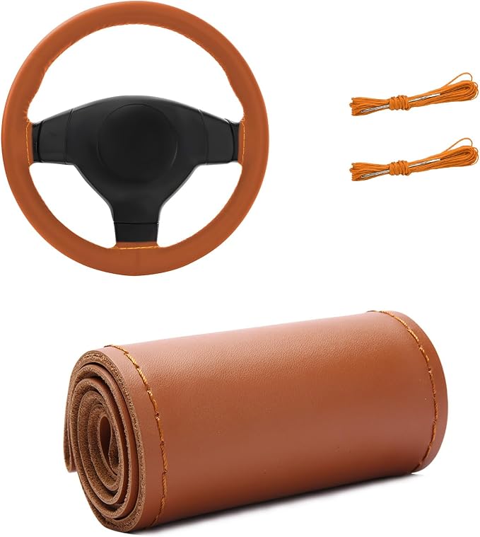 Genuine Leather Steering Wheel Cover, 15 Inch Stitch on Steering Wheel Protector with Needle & Thread, Anti-Slip DIY Sewing Wheels Wrap for Most Vehicles (Brown, Glossy)