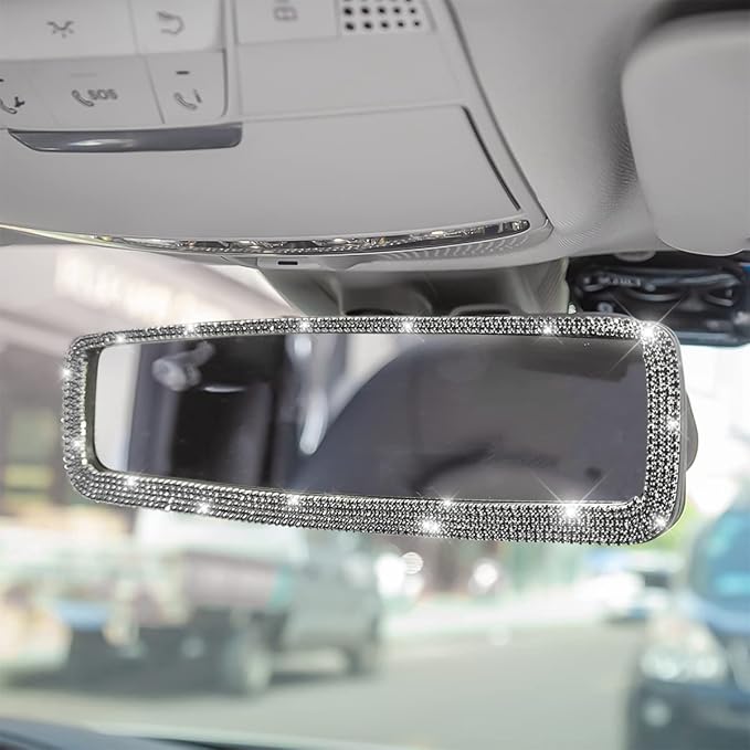 Car Bling Rearview Mirror, Rhinestones Crystal Diamonds Rear View Mirrors with HD Glass, Universal Clip-on Rear View Mirrors for Cars, Vehicles, SUVs, Car Accessories for Women Girls (Black)