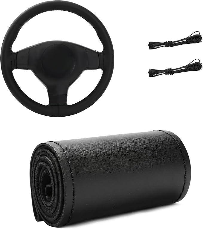 Genuine Leather Steering Wheel Cover, 15 Inch Stitch on Steering Wheel Protector with Needle & Thread, Anti-Slip DIY Sewing Wheels Wrap for Most Vehicles (Black, Glossy)