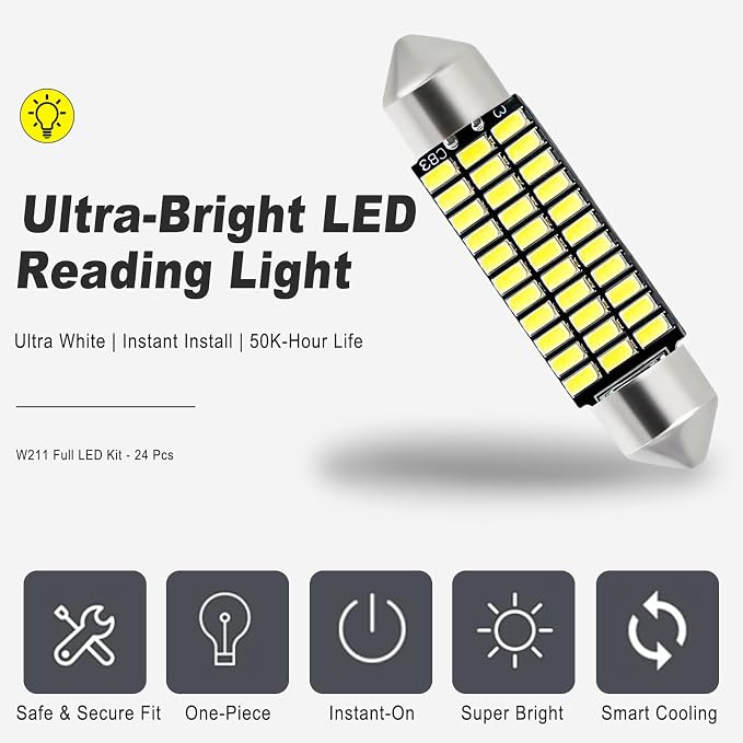 24 PCS Car LED Lights Interior Kit, T10 31mm 41mm LED Dome Lights Interior Replacement for Car Map, License Plate, Door, Side Marker, Cornering & Trunk Bulbs (Cool White)