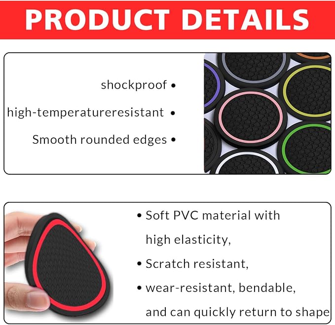 Car Cup Holder Coasters, Dustproof Automotive Interior Accessories Mat,2.75 Inch Non-Slip Insert Water Bottle Holder Pads, Universal for Vehicles, Trucks, RVs and More (Black/Red, 4PCS)