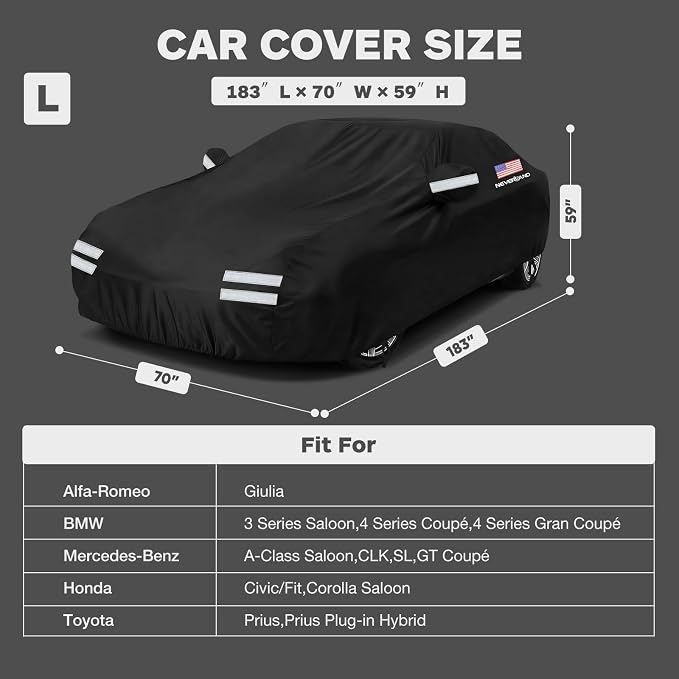 Sedan Car Cover Waterproof Heavy Duty All Weather Protection Dustproof, Snowproof, UV Protection Outdoor Full Car Covers for Automobiles Universal Fit Sedan, Car Cover Size 183''L x 70''W x 59''H