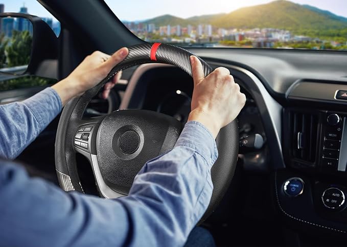 KAFEEK Carbon Fiber Steering Wheel Cover for Men, Car Accessories, Grey | Universal 15 Inch Sporty & Thin Cover, Anti-Slip Breathable Leather with Racing Red Center Stripe