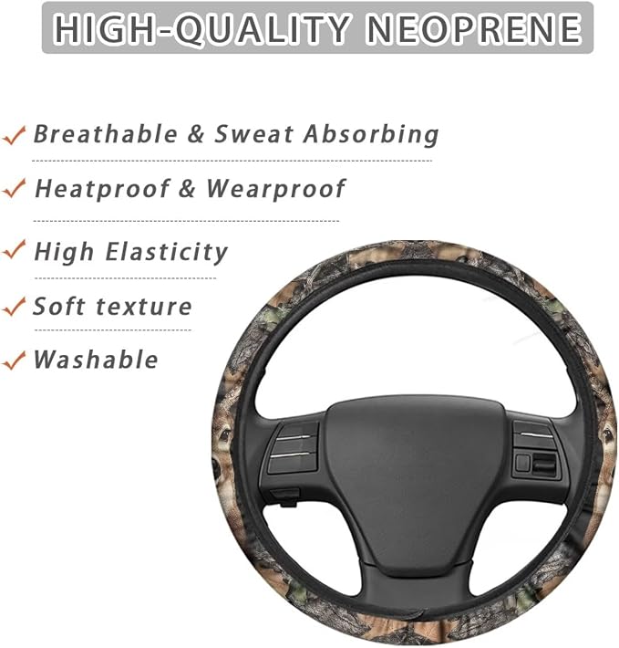 Wanyint Deer Camo Hunting Forest Grey Car Steering Wheel Cover Universal 15 inch Anti-Slip Auto Steering Wheel Protector Car Interior Decor for Women Men