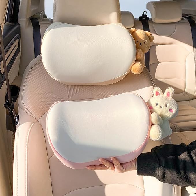 Car Headrest Pillow 2PCS Plush Bear ＆ Bunny Car Seat Headrest Pillow - Memory Foam Neck Support Cushions for Comfortable Driving, Easy Install & Washable (Brown)