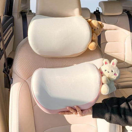 Cute Car Headrest Pillow 2PCS Bear Bunny Car Seat Neck Pillow Memory Foam Neck Support Cushions for Comfortable Driving Easy Install & Washable (Pink+Brown)