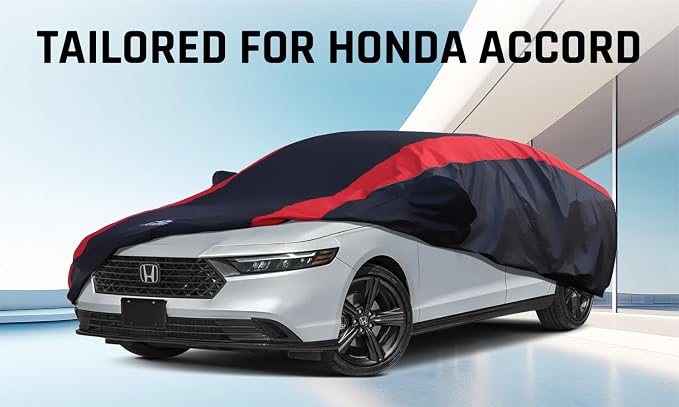 Honda Accord Car Cover Waterproof All Weather with Red Strip Design, Custom Fit for Honda Accord 1998–2025, Accord Accessory with Door Zipper & Windproof Straps
