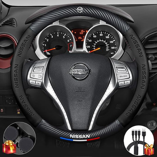 Steering Wheel Cover Compatible with Nissan, Nappa Leather&Carbon Fiber Texture Steering Wheel Cover, 14.5-15 Inch Diameter with 2 Coasters and USB Fast Charging Cable (Black)