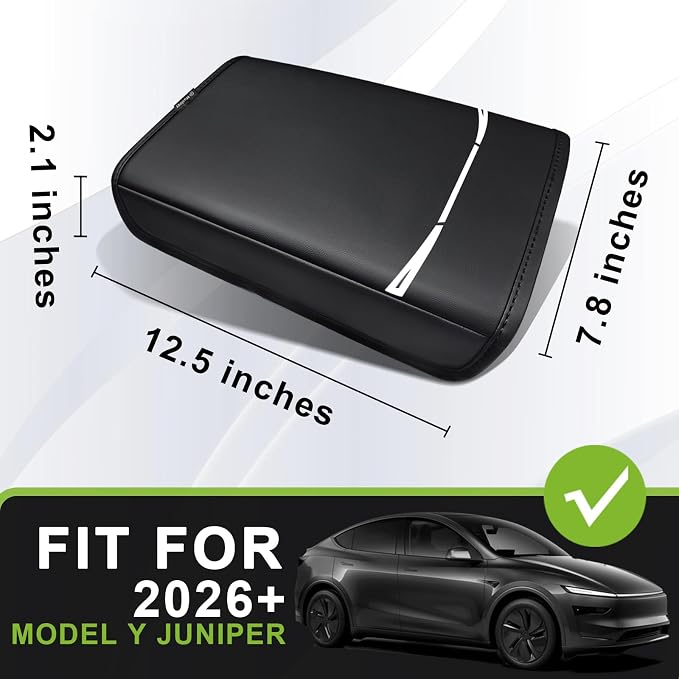 Muslogy Center Console Armrest Cover Fit for Tesla Model Y Refresh 2026 Accessories, Comfort Armrest Pad Console Lid Cushion Vegan Leather Regular Thick (Black)