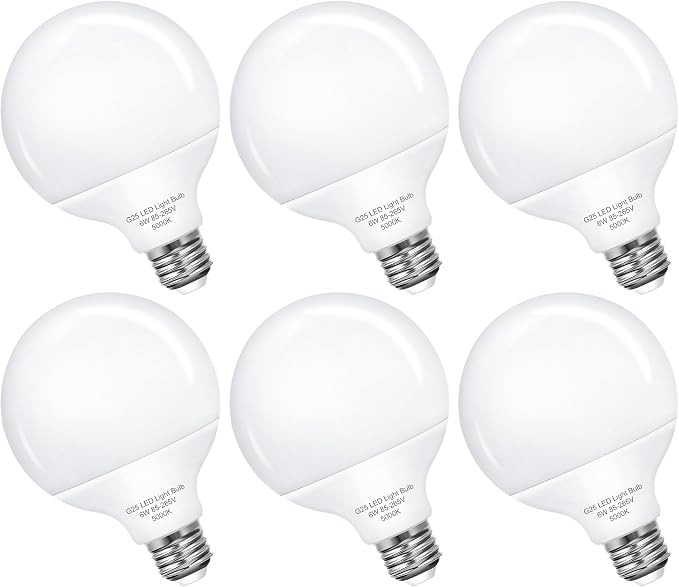 G25 LED Globe Light Bulbs, Vanity Light Bulb for Bathroom 60W Equivalent, 5000K Daylight White E26 Base, Round Decorative Bulb for Vanity Makeup Mirror, Home Lighting CRI85+, Non-Dimmable, 6 Pack