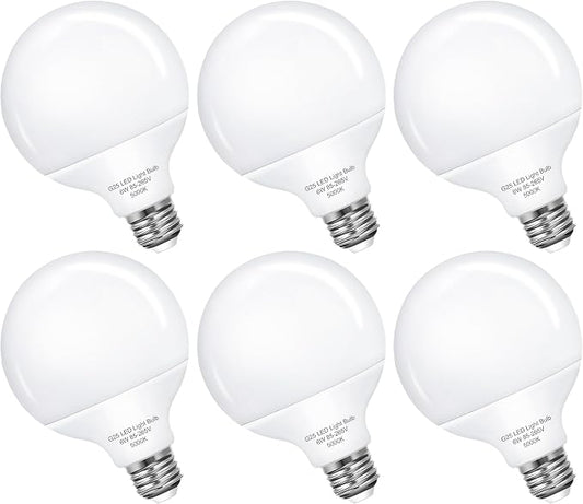 G25 LED Globe Light Bulbs, Vanity Light Bulb for Bathroom 60W Equivalent, 5000K Daylight White E26 Base, Round Decorative Bulb for Vanity Makeup Mirror, Home Lighting CRI85+, Non-Dimmable, 6 Pack
