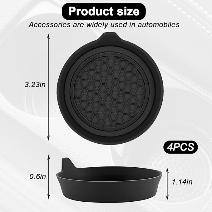 HZEL Car Cup Holder Coasters, 4PCS Non Slip Waterproof Vehicle Water Bottle Pads, Recessed Automotive Interior Drink Mat Decoration Accessories, Universal for SUV Sedan Truck (Black)