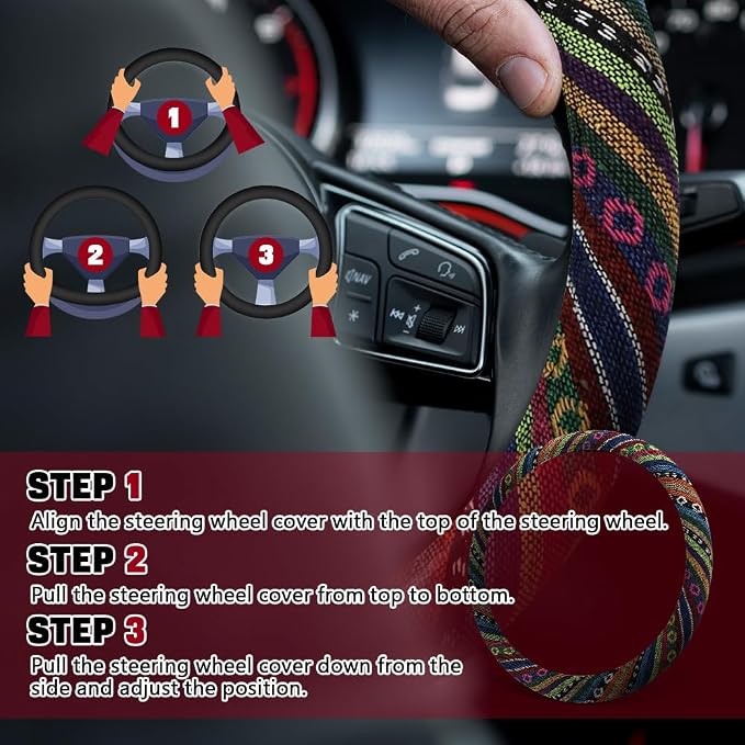 Boho Steering Wheel Cover, Ethnic Style Car Steering Wheel Cover Protector, Anti-Slip Flax Cloth Cover Universal Fits 14.5-15 Inch Steering Wheel, Interior Car Accessories(A Style)