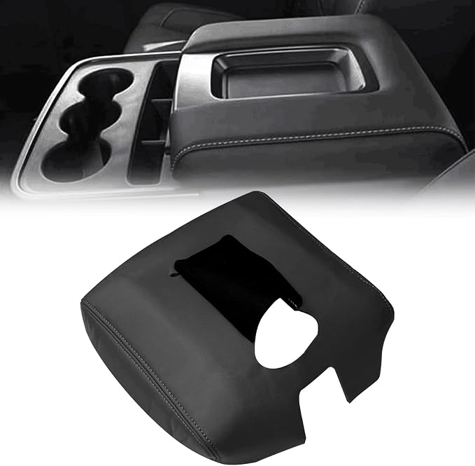 SecosAutoparts Black Leather Center Console Leather Lid Armrest Cover Replacement Gray Stitch Compatible with Chevy Silverado Compatible with GMC Sierra 2014 2015 2016 2017 2018