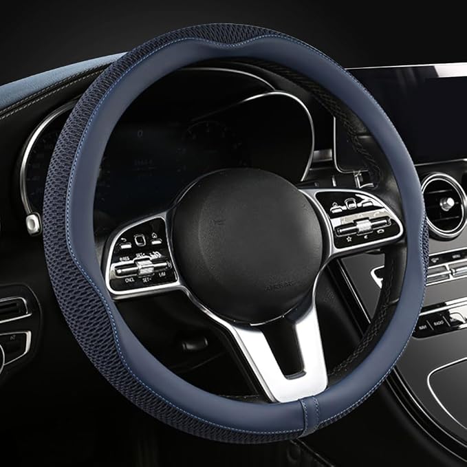 Car Steering Wheel Cover, Blue, Universal 15 inch | Microfiber Leather, Breathable Technology Fabric, Non-Slip, Comfortable, Warm in Winter and Cool in Summer