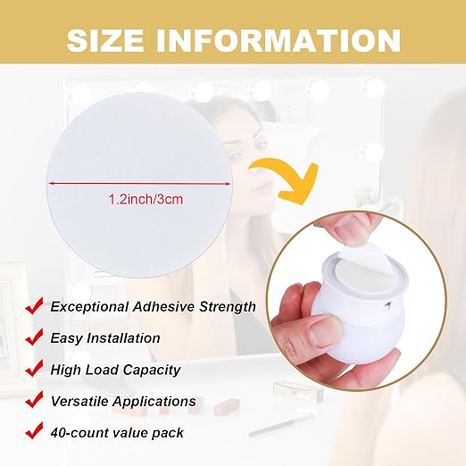 40-Pack Double-Sided Foam Adhesive Pads for Makeup Mirror Lights – Strong Replacement Tape for Bulb Mounting