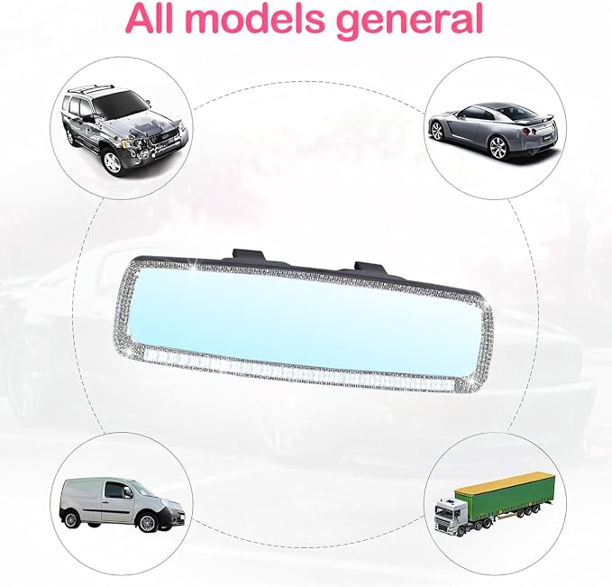 Bling Car Rear View Mirror, Crystal Rhinestones Auto Rearview Mirror with HD Glass, Universal for Most Cars, RVs, Trucks, Vehicle Interior Accessories for Women Girl (White)