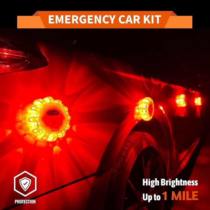 LED Road Flare Warning Light, Battery Powered Emergency Safety Kit with Hammer Whistle Gloves