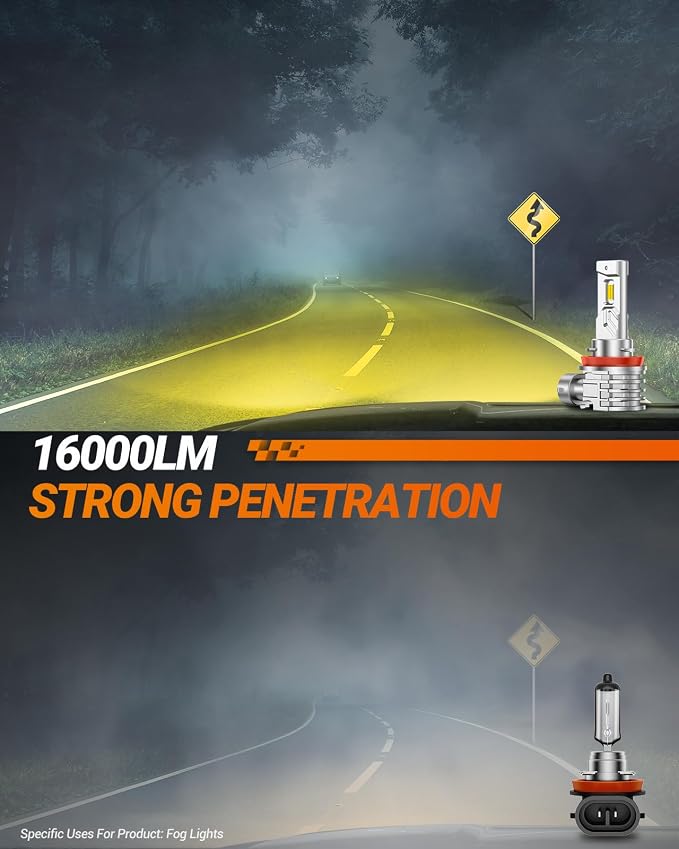 SEALIGHT H11 LED Fog Lights Bulbs Yellow or DRL 16000LM Brightness, H16/H8 Fog Lamps 3000K Amber Light Strong Penetration, 2024 Upgrade Liquid-cooled Copper Tubing H16 Fog Lights for Truck, Pack of 2