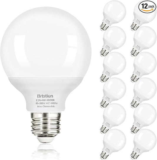 Brtstiun G25 LED Round Vanity Light Bulbs for Bathroom, 40W Equivalent, Cool White 4000K, E26 Base Globe Light Bulbs, 600LM, Non-Dimmable, 12-Pack
