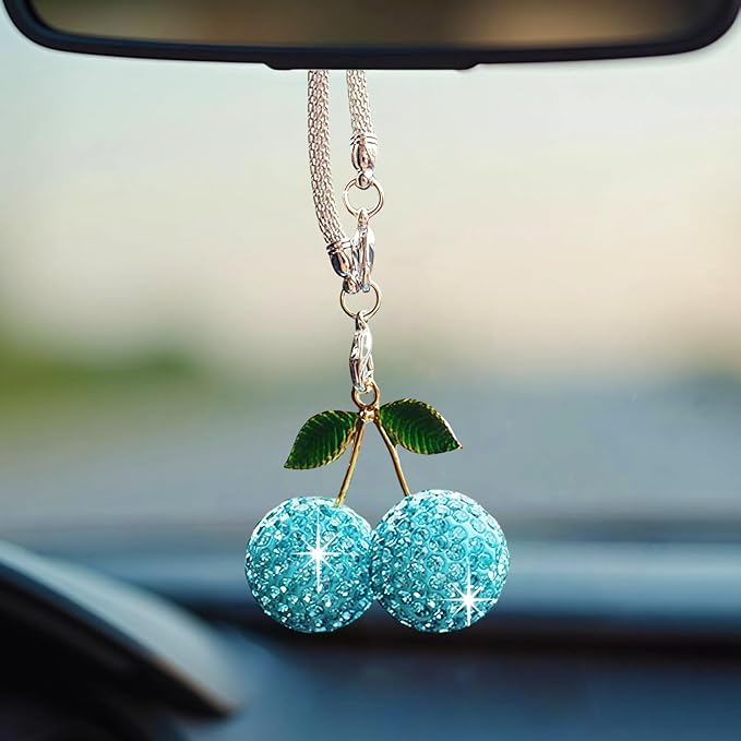 Bling Cherry Car Hanging Ornament, Cute Crystal Rear View Mirror Pendant, Sparkly Diamond Rearview Mirror Charms, Lucky Car Interior Decor Accessories (Blue)