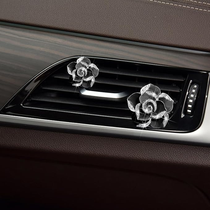 Osilly Bling Car Air Vent Clips, 4PCS/2Set Flower Rhinestone Vehicle Air Outlet Clamp, Sparkly Diamond Automotive Interior Vent Clip Charm Decor Accessories, Universal for SUV Truck RV (Black)