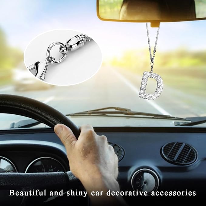 DXNQ Bling Initial Car Rear View Mirror Ornament, Crystal Sparkling Cute Letter Charm Pendant Auto Decor, Hanging Lucky Diamond Initial Charm Car Mirror Bag Ornament for Girl Women (Letter D)