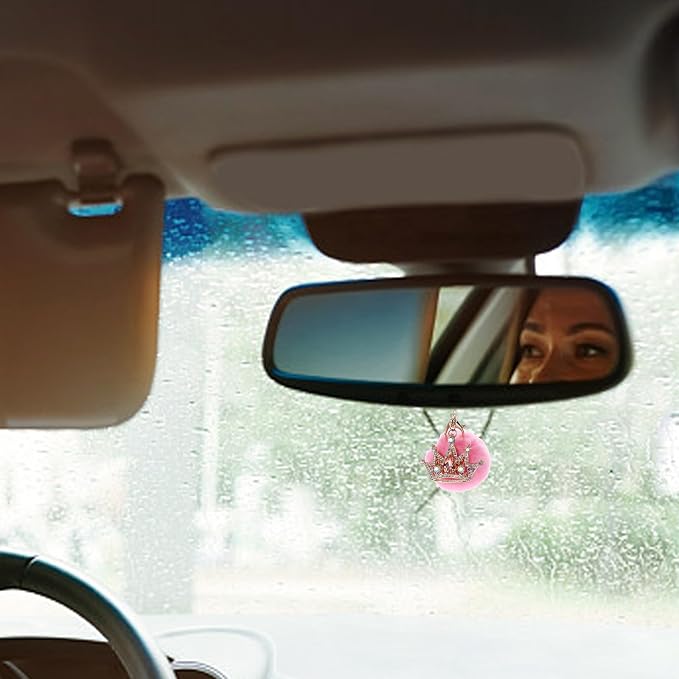 Pink Bling Car Accessories for Women Furry Pom Pom Crown with Pearl Chain Car Mirror Hanging Accessories for Women