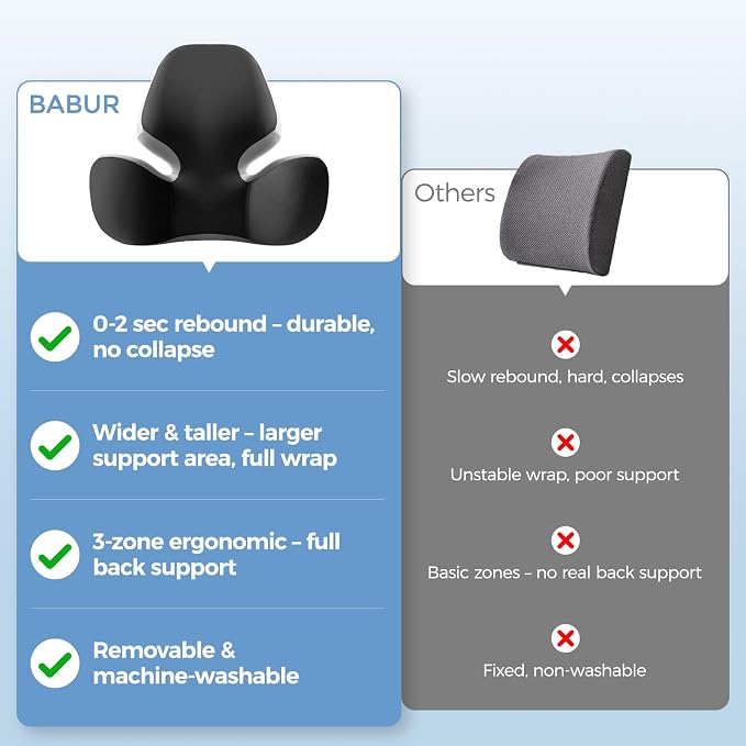 BEBAS Lumbar Support Pillow for Car, Memory Foam Back Cushion for Driving | Ergonomic Wing Wrapping, Back Pain Relief, Breathable Removable Cover, Softness, Universal Fit Car Seat, Office Chair