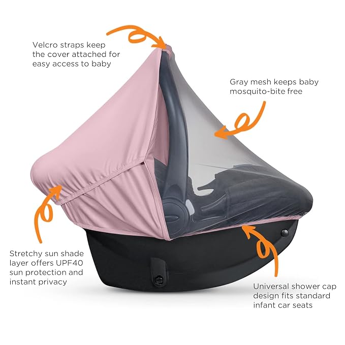 liuliuby Summer Baby Car Seat Cover | 2-in-1 Breathable Carseat Sun Shade & Mosquito Net | UV Protection Lightweight Canopy Covers for Infant Girls | Bug Net Mesh for Warm Weather (Pink)