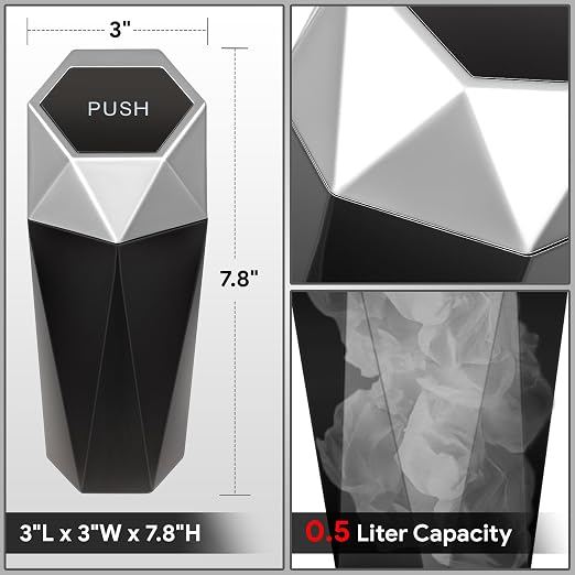 DNA Motoring Mini Car Auto Trash Can with Removable Lid, Leakproof Mini Garbage Bin for Automotive Home Office,Black/Silver,ZTL-OD-01-SL