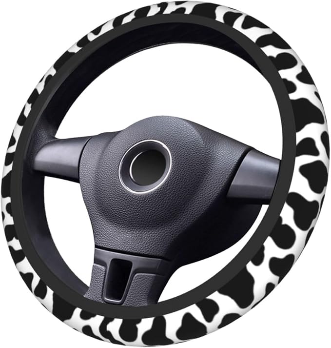 Black and White Cow Print Steering Wheel Cover Anti-Slip and Practical 14.5-15 Inch Universal Car Steering Wheel Cover with 2 Pieces Car Coasters Suitable for Men Women