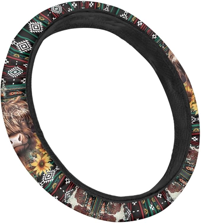 Wanyint Aztec Highland Cow Sunflower Car Steering Wheel Cover Universal 15 Inch Breathable Better Grip, Cute Car Accessories Decoration for Women Men