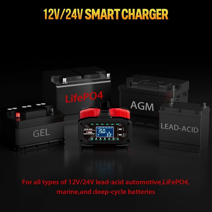 YONHAN Battery Charger 0-15A 12V/24V Adjustable Current | LiFePO4 Car Battery Charger, Battery Maintainer Automatic Trickle Charger, Battery Desulfator w/Temp Compensation