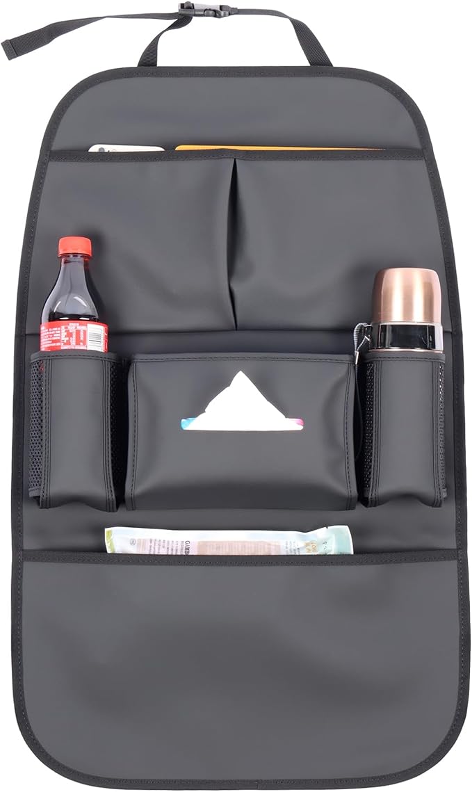 Car Backseat Organizer for Kids, Car Back Seat Storage Bag With 3 Pockets, 2 Drinks Holders, Water Resistant, Kids Toy Storage Kick Mat Back Seat Protector for Toddlers (Black 1-Pack)