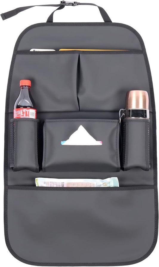 Car Backseat Organizer for Kids, Car Back Seat Storage Bag With 3 Pockets, 2 Drinks Holders, Water Resistant, Kids Toy Storage Kick Mat Back Seat Protector for Toddlers (Black 1-Pack)