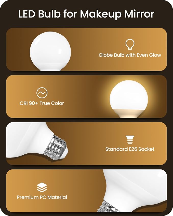 6-Pack G25 LED Vanity Light Bulbs, 5W (60W Equivalent),2700K Warm Light, 450LM, CRI90+, Non-Dimmable, Globe Bulb for Bathroom Mirror, Living Room, Bedroom, E26 Base, ETL Listed W01G2P605
