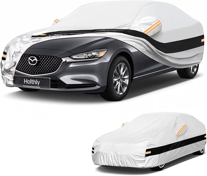 10 Layers Sedan Car Cover Custom Fit for Mazda 6 (2002-2026), Waterproof All Weather for Automobiles, Outdoor Full Cover Sun Dust Rain Protection with Cotton. Silver
