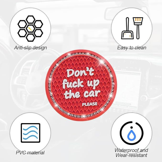 2 Pack Bling Car Coasters for Cup Holder, Crystal Rhinestone 2.75 in Cup Holder Coaster, Silicone Anti-Slip Insert Cup Mats for Women, Interior Accessories Universal for Most Cars (Red)