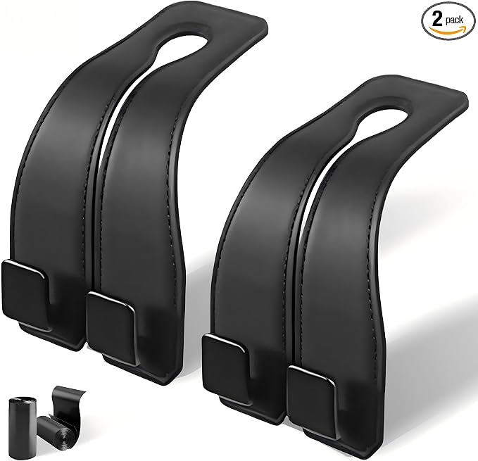 Leather Headrest Hooks for Car, 2 Pack Premium Car Seat Back Storage Hooks with Double Metal Hangers for Purses, Handbags, Groceries and Backpacks, Universal Heavy Duty Car Purse Holder Accessories